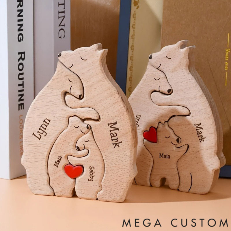Personalized Carved Wooden Bear Family Jigsaw Puzzle, Wood Bear Figurines, Hugging Bear Family Keepsake Gift for Parents, Christmas Bear Decor