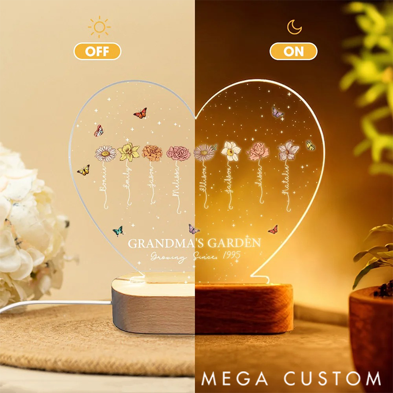 Personalized 1-12 Birth Flowers Heart-shaped LED Night Light with Wooden Base Home Decor Mother's Day Birthday Gift for Mom Grandma