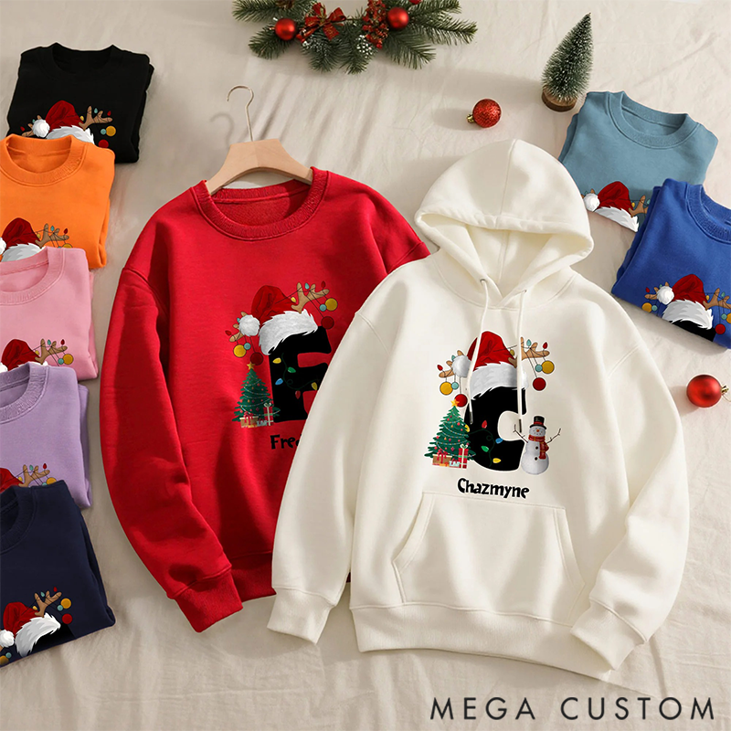 Personalized Christmas Trees Snowmen Multicolor Sweatshirt Hoodie with Initial and Name Christmas Gift for Family 