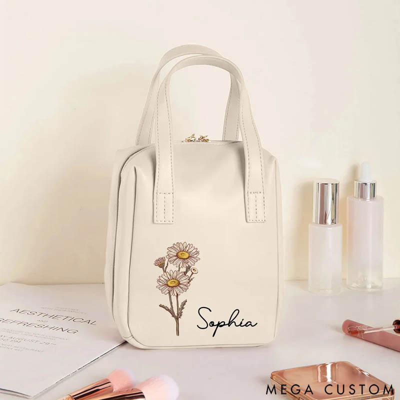 Personalized Birth Flower Name Portable PU Leather Makeup Bag with Handle and Multiple Compartments Travel Accessories Birthday Gift for Women Girls