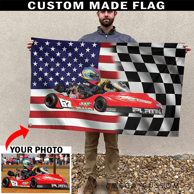 Personalized Racing Car Tapestry with Check Flag Design Custom Racing Car Photo Wall Hanging Gift for Racers and Racing Lovers