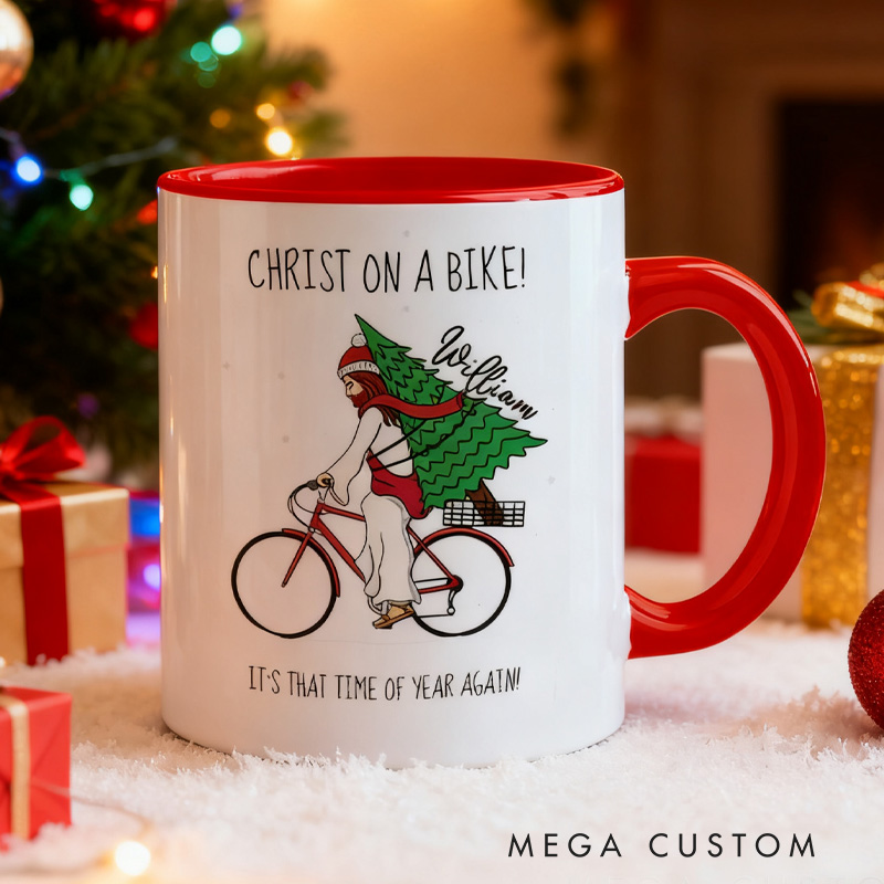 Personalized Christ on A Bike Coffee Mug Funny Bicycle Gift Lover Christmas Bicycles Mug Cyclist Gift Mountain Biker Gift Cycling Bike Gift Bicyclist Mug Colour Options Available