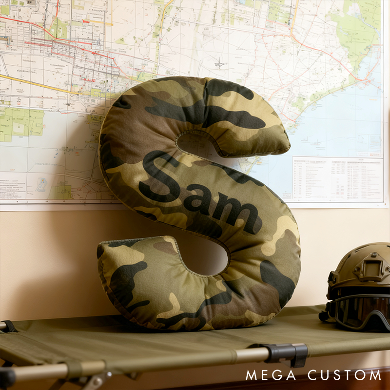 Personalized Camo Throw Pillow Initial Shaped Pillow Custom Throw Pillow with Name Military Style Pillow Gift for Men Boys Military Adventure-Themed Gifts