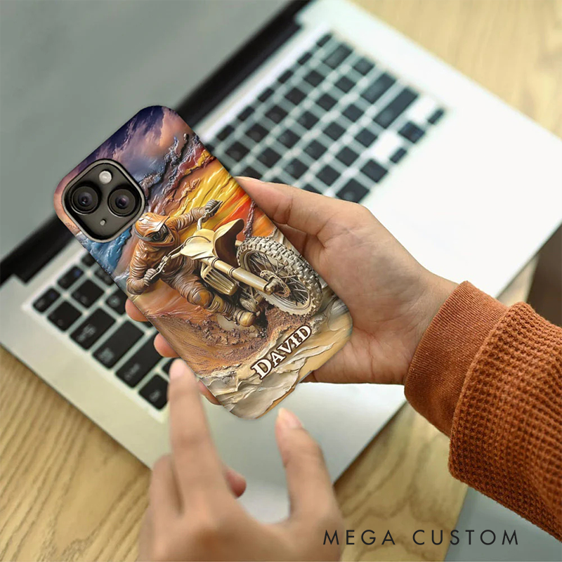 Personalized Dirt Bike Flame Phone Case Custom Name and Bike Style Gift for Bikers and Racing Lovers