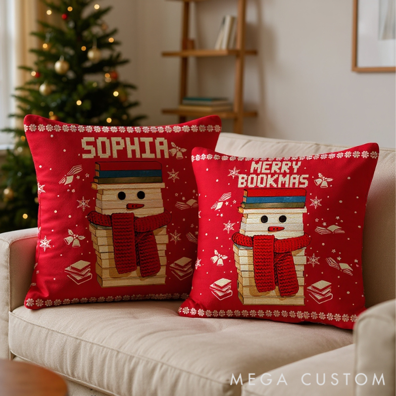 Personalized Christmas Bookworm Pillow with Name Warm Holiday Gift for Book Lovers