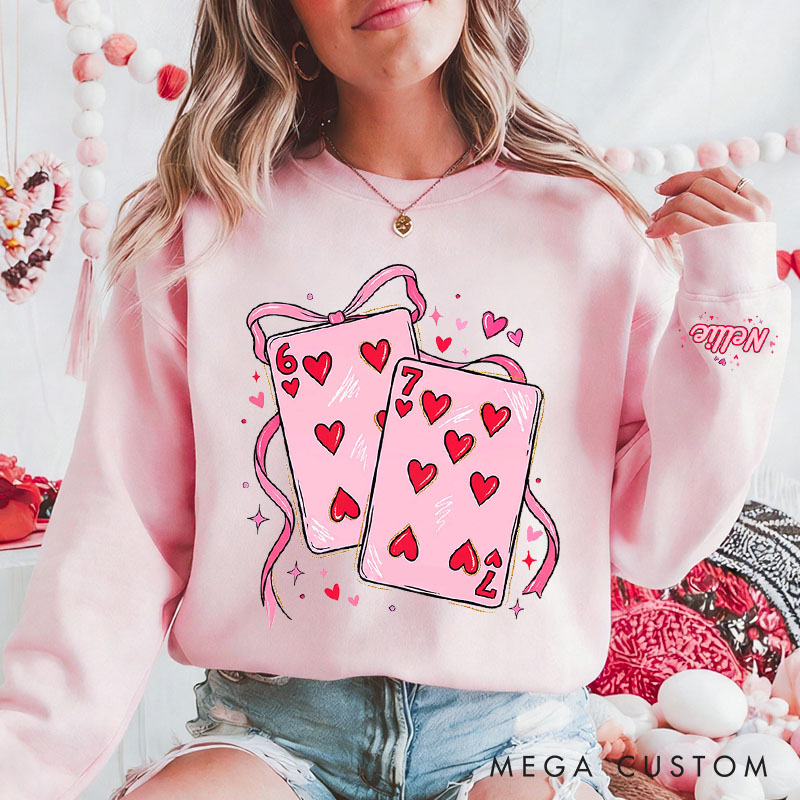 Personalized Girlfriend Wife Playing Cards Bow Tie 67 Sweatshirt with Name Couple Funny Coquette 6 7 Number Meme Matching Valentines Day Sweatshirt