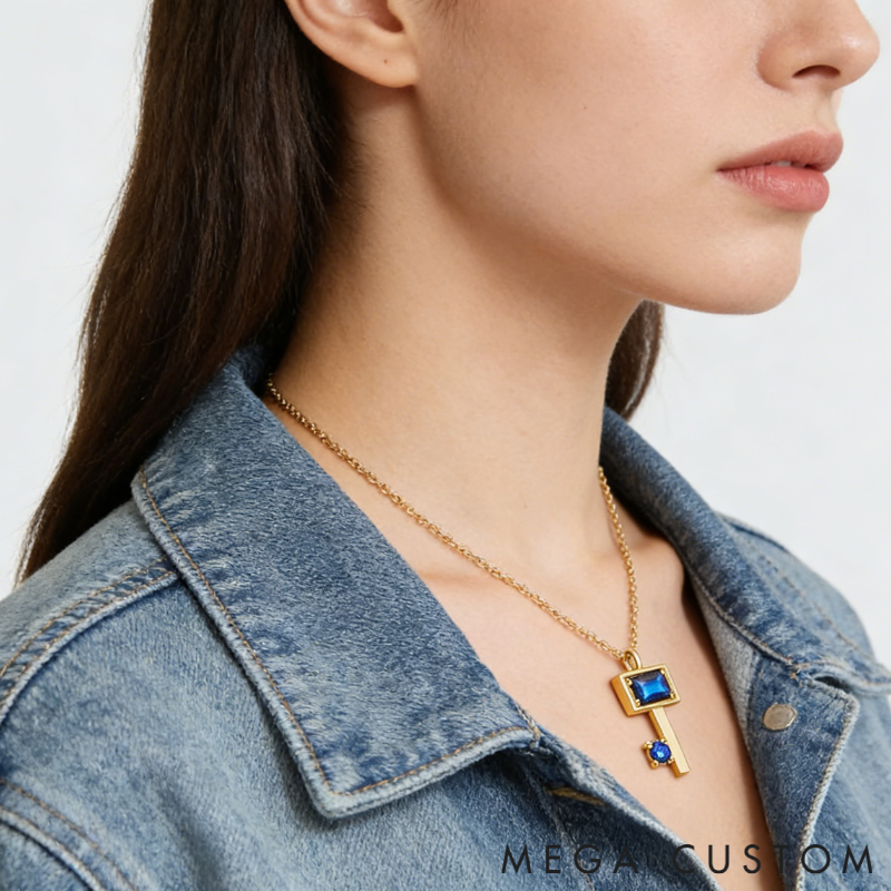 Personalized Sterling Silver Key Necklace – Custom Engraved Name with Birthstone Pendant