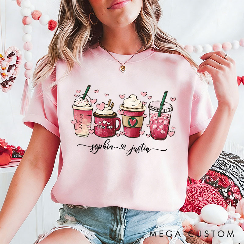 Personalized Couple Coffee Cup and Heart Matching T-Shirt with Name Valentine's Day T-Shirt for Husband Wife Boyfriend Girlfriend Gift for Hubby Wifey