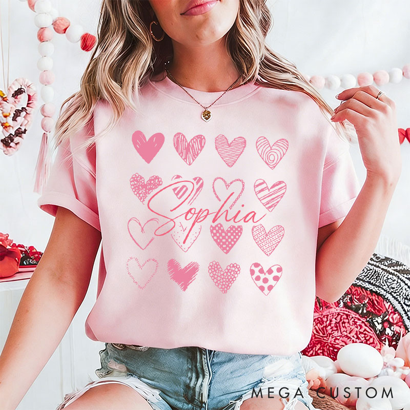 Personalized Couple Sweet Pink Hearts Matching T-Shirt with Name Valentine's Day T-Shirt for Husband Wife Boyfriend Girlfriend Gift for Hubby Wifey