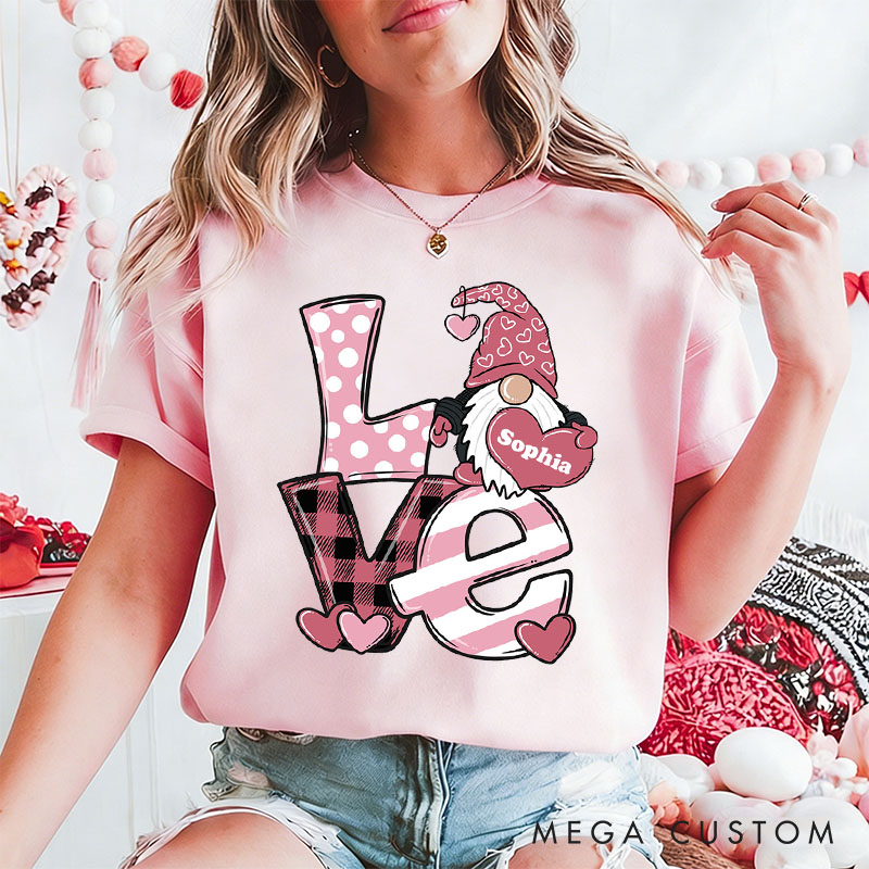 Personalized Couple Pink Love Gnome Holding Heart Matching T-Shirt Valentine's Day T-Shirt for Husband Wife Boyfriend Girlfriend Gift for Hubby Wifey