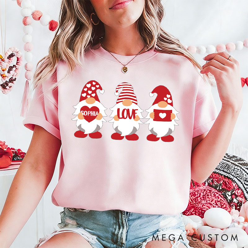 Personalized Couple Adorable Gnome with Heart and Name Matching T-Shirt Valentine's Day T-Shirt for Husband Wife Boyfriend Girlfriend Gift