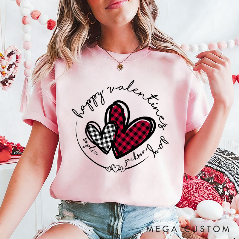 Personalized Couple Plaid Heart with Name Matching T-Shirt Happy Valentine's Day T-Shirt for Husband Wife Boyfriend Girlfriend Gift for Hubby Wifey