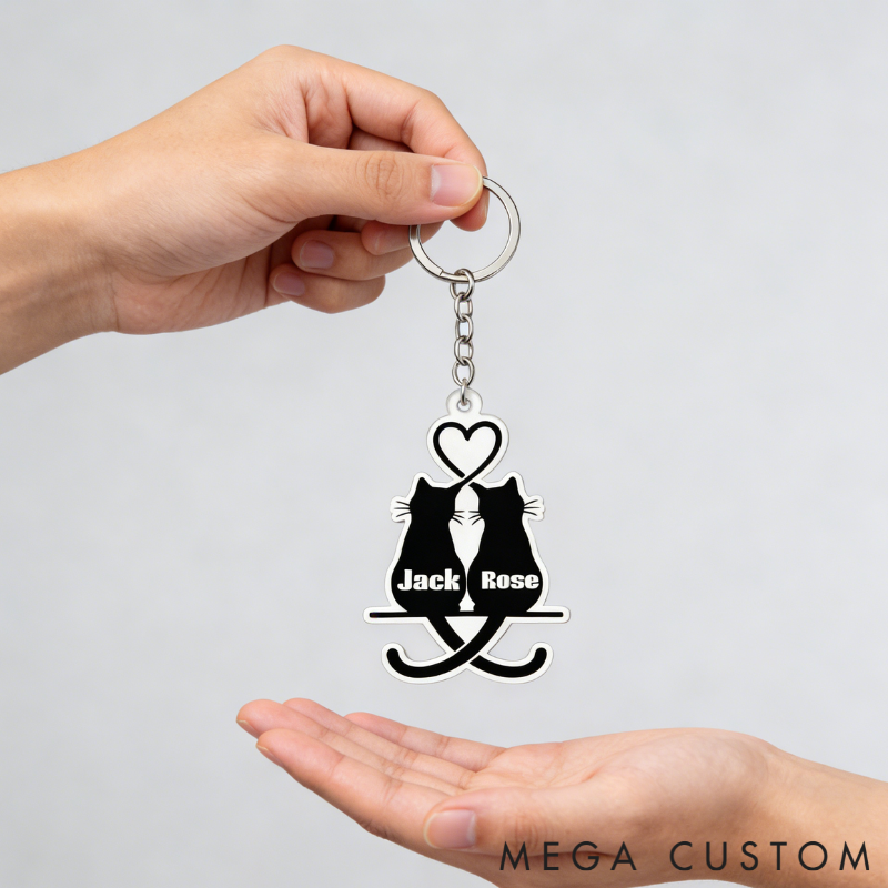 Personalized Snuggling Cats Keychain Couple Silhouette Engraved Key Ring Cute Gift for Couples Valentine's Day Present