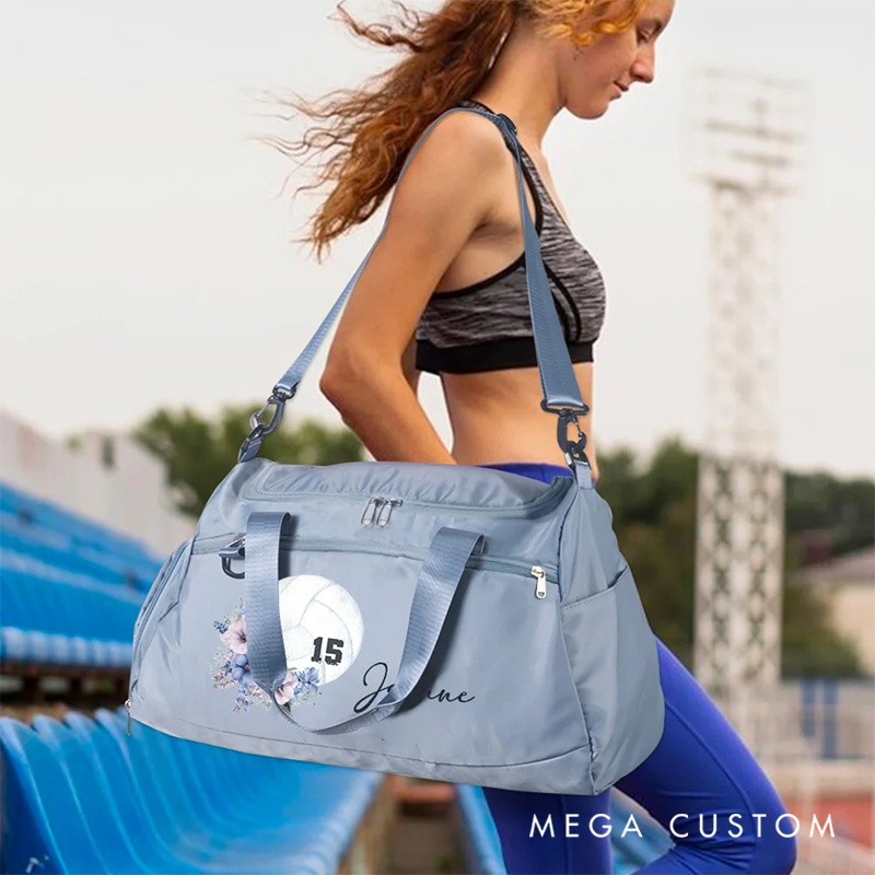 Personalized Volleyball Birth Flower Large Sport Duffle Bag with Shoe Compartment and Shoulder Strap Birthday Team Gift for Women Volleyball Lovers