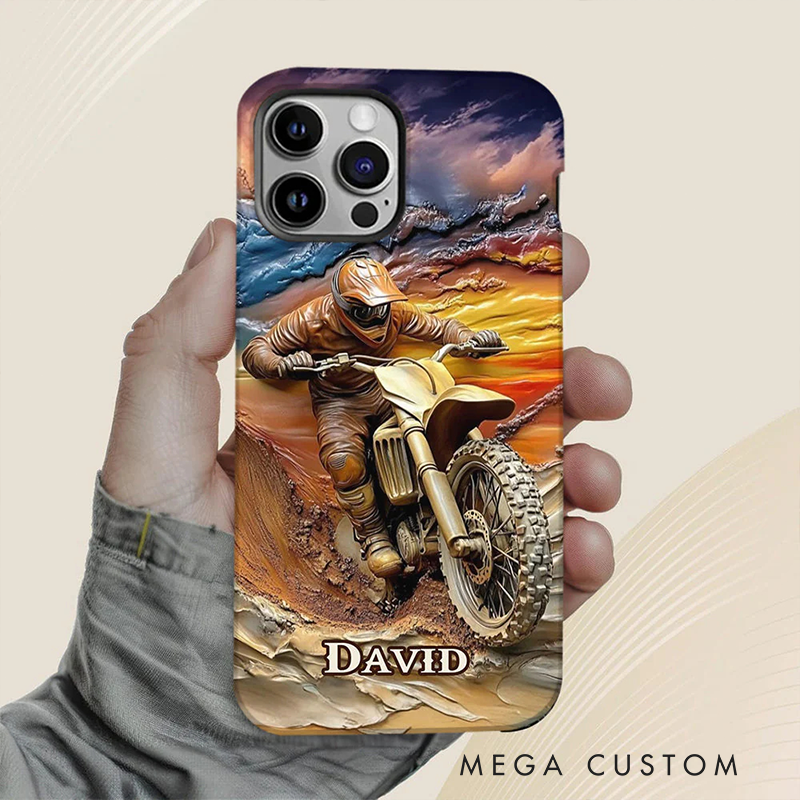 Personalized Dirt Bike Flame Phone Case Custom Name and Bike Style Gift for Bikers and Racing Lovers