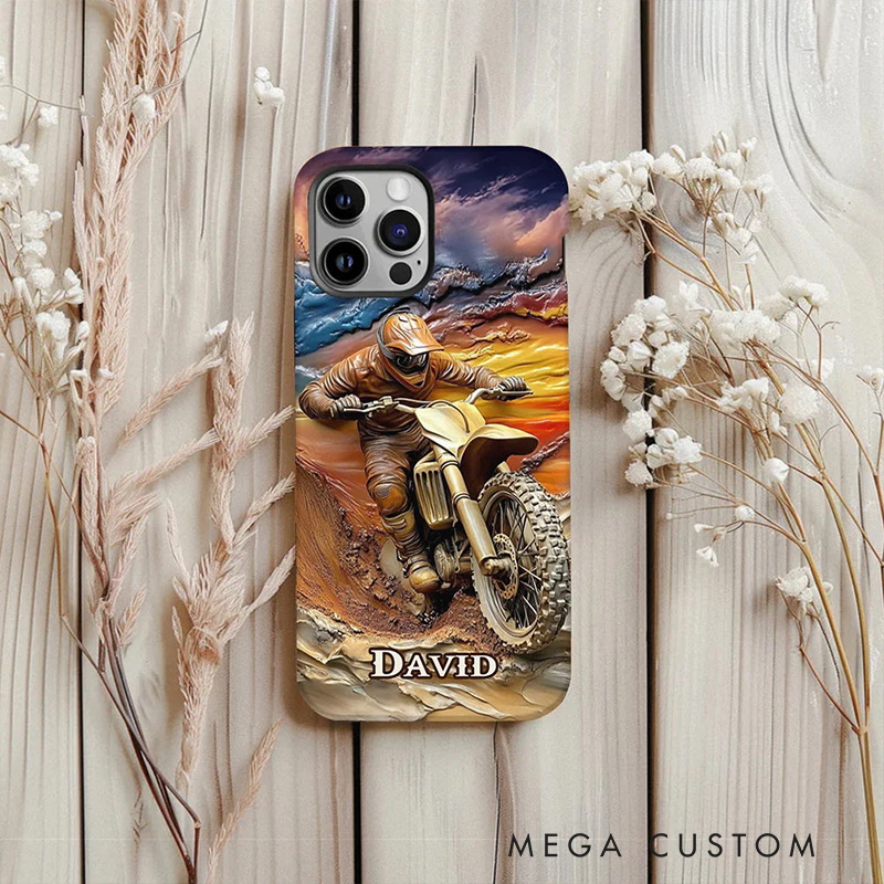 Personalized Dirt Bike Flame Phone Case Custom Name and Bike Style Gift for Bikers and Racing Lovers