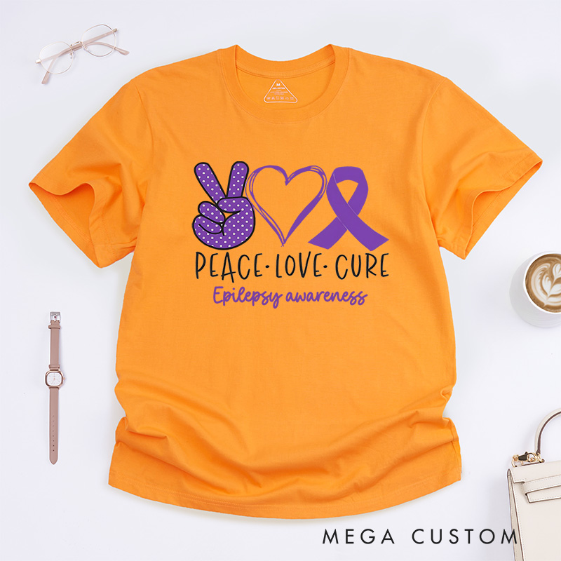 Personalized Peace Love Cure Hearts and Ribbon Design Supporting Epilepsy Awareness and Positivity T-shirt