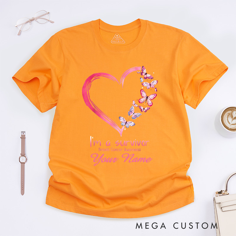Personalized I Am A Survivor Breast Cancer Awareness Heart And Butterfly Support T-Shirt  