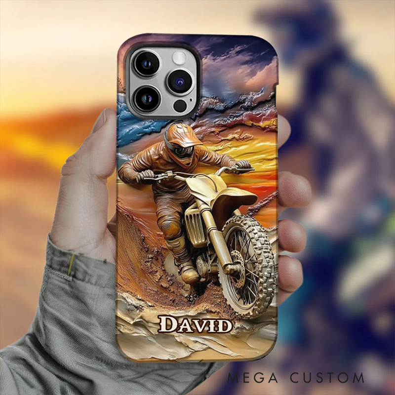 Personalized Dirt Bike Flame Phone Case Custom Name and Bike Style Gift for Bikers and Racing Lovers