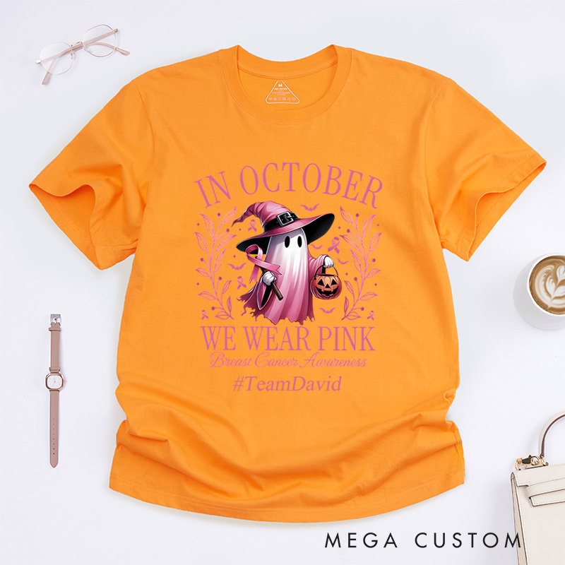 Personalized In October We Wear Pink Breast Cancer Awareness Halloween Support T-Shirt  