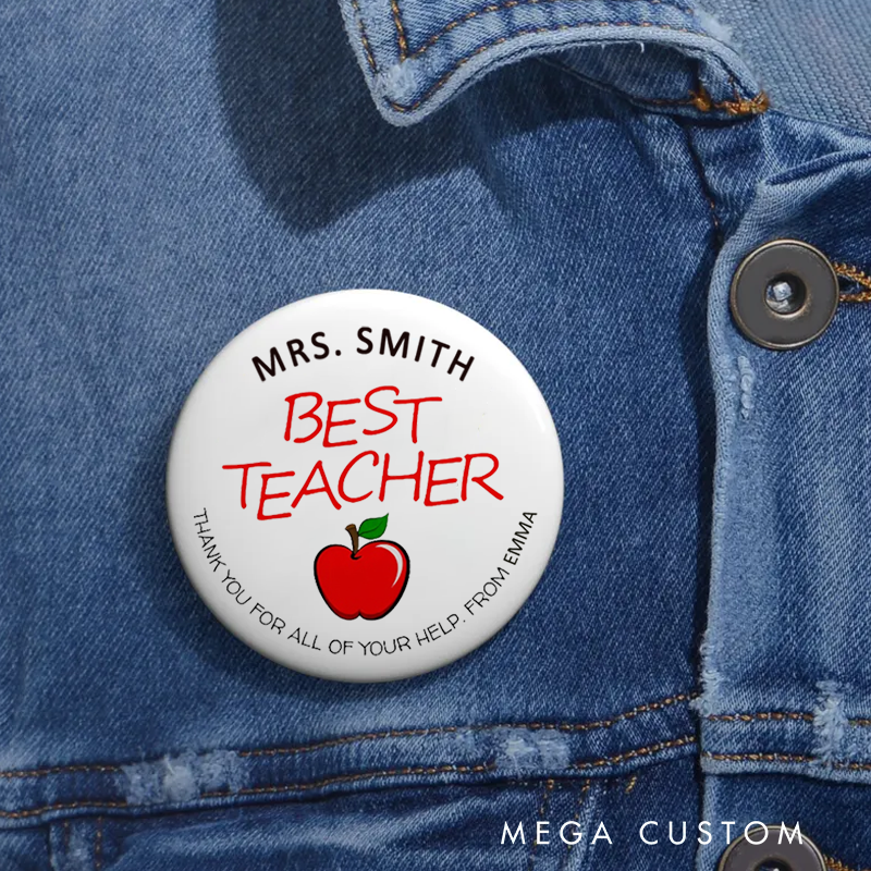 Personalized Teacher Button Pin Best Teacher Apple Fun Badge Gift Teacher Appreciation Gift