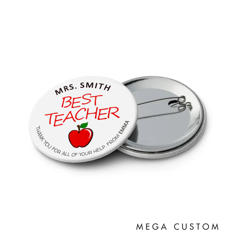 Personalized Teacher Button Pin Best Teacher Apple Fun Badge Gift Teacher Appreciation Gift