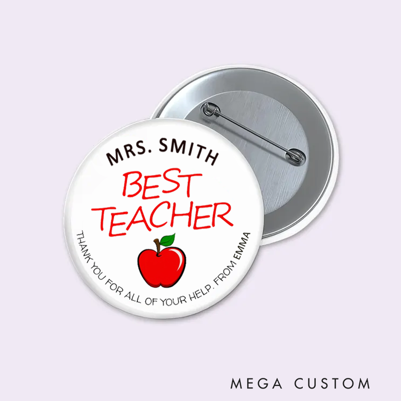 Personalized Teacher Button Pin Best Teacher Apple Fun Badge Gift Teacher Appreciation Gift