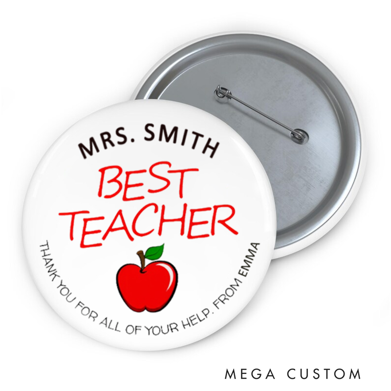 Personalized Teacher Button Pin Best Teacher Apple Fun Badge Gift Teacher Appreciation Gift