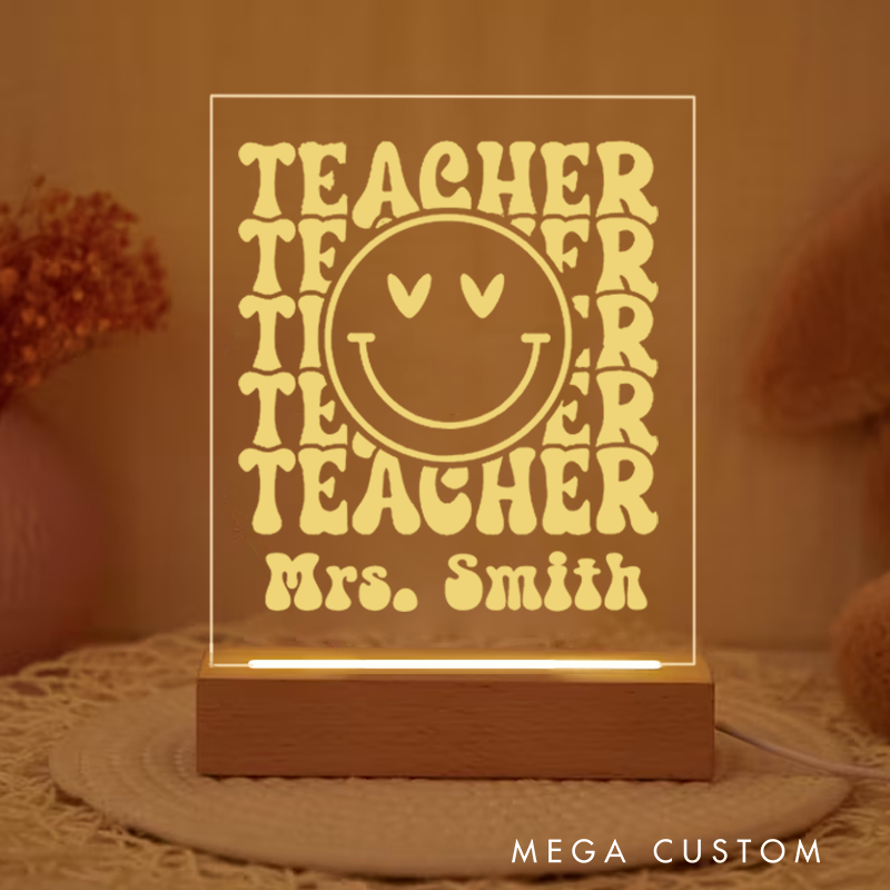 Personalized Teacher Night Light with Teacher Smile Design Custom LED Gift with Laser Engraved Acrylic Design and Wooden Base