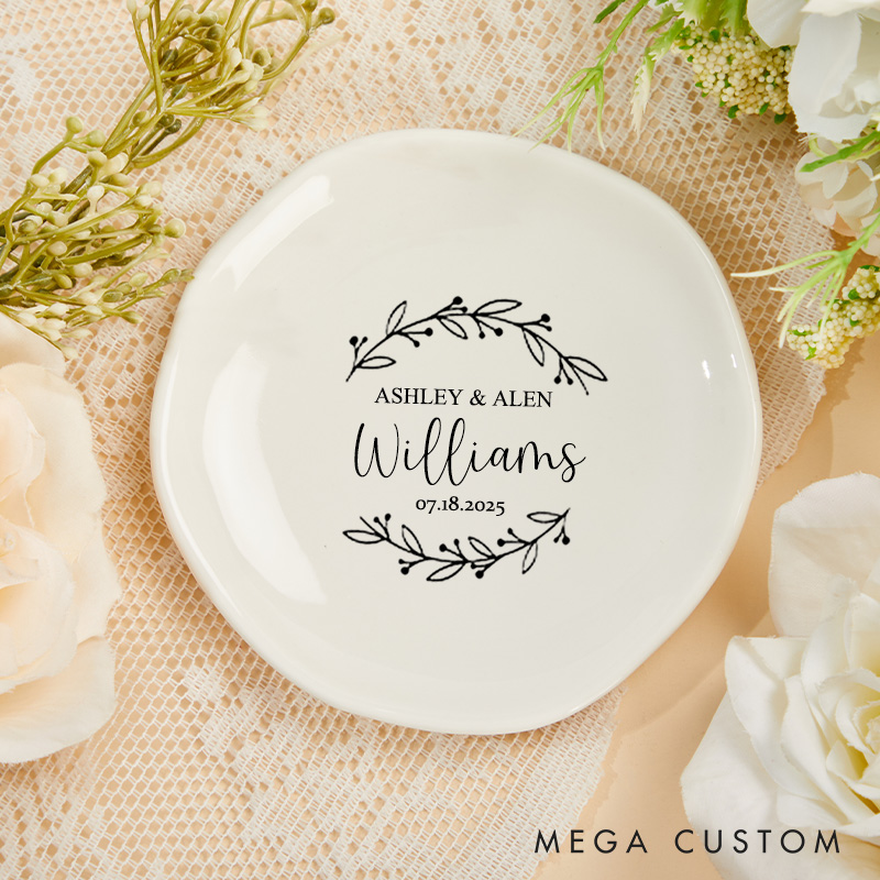 Personalized Delicate Botanical Wreath Wedding Monogram Wedding Engagement Irregular Round Ring Dish