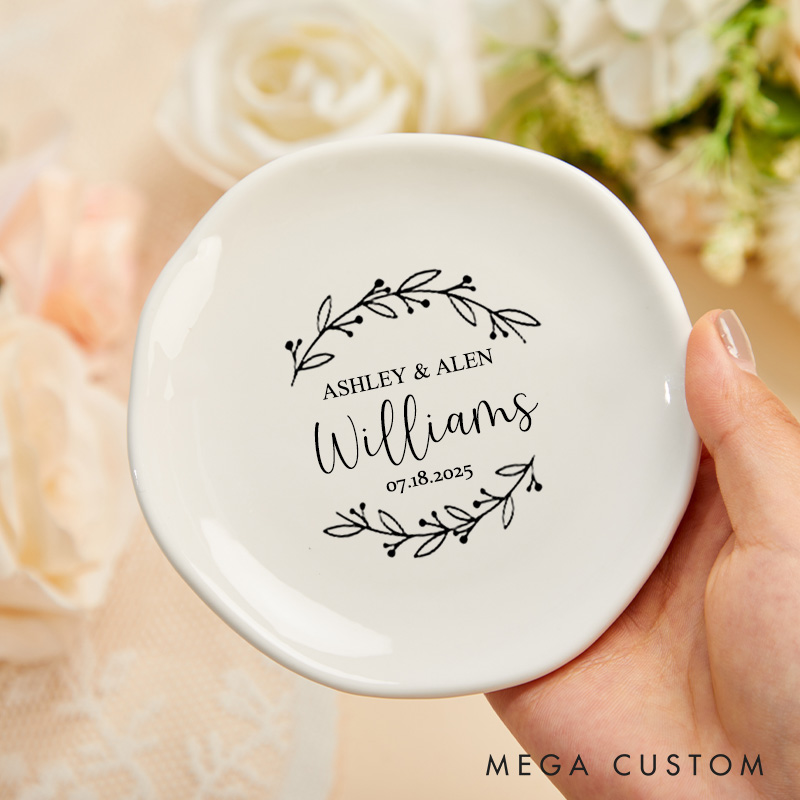 Personalized Delicate Botanical Wreath Wedding Monogram Wedding Engagement Irregular Round Ring Dish