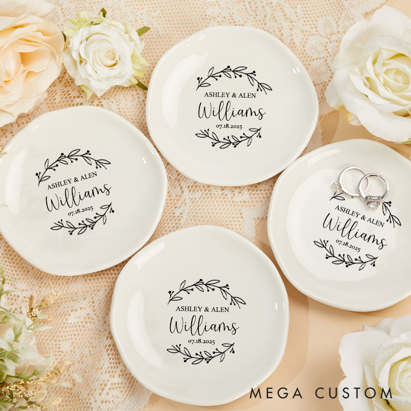 Personalized Delicate Botanical Wreath Wedding Monogram Wedding Engagement Irregular Round Ring Dish