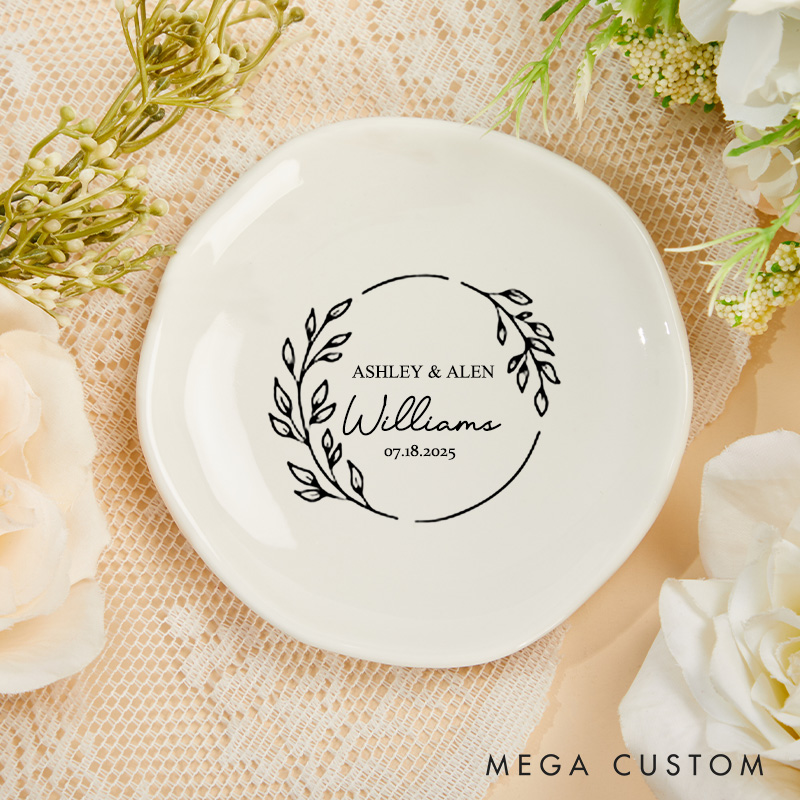 Personalized Elegant Circular Laurel Monogram Wedding Engagement Irregular Round Ring Dish