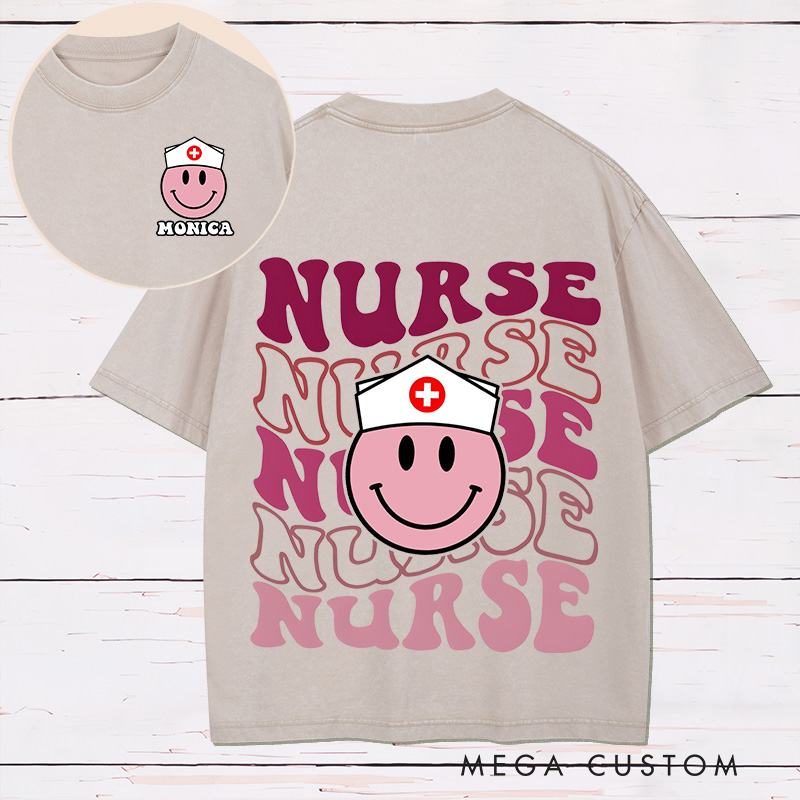 Personalized Two Sides Printed Washed T-Shirt Customized Retro Smiley Nurse Design Washed T-Shirt Nurse Week Gift