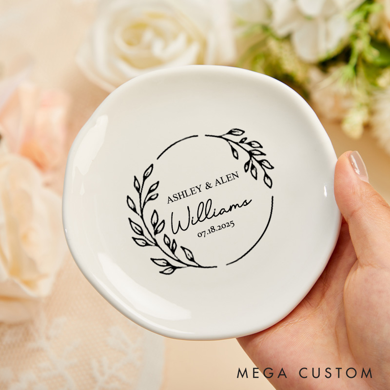 Personalized Elegant Circular Laurel Monogram Wedding Engagement Irregular Round Ring Dish