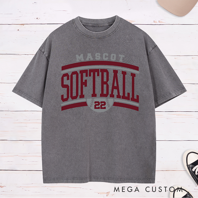 Personalized Softball Team Washed T-Shirt Design Featuring Custom Team Name Bold Typography and Customizable Jersey Number Integration