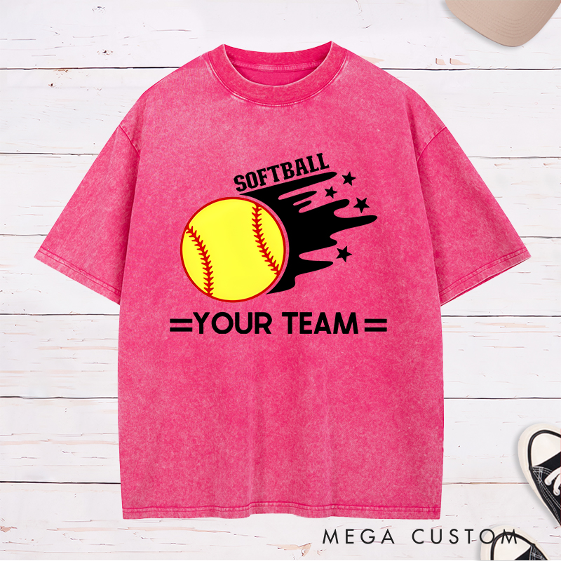 Personalized Softball Team Washed T-Shirt Design Featuring Customizable Team Name Bold Motion Trail Graphic with Stars and Striking Softball Element