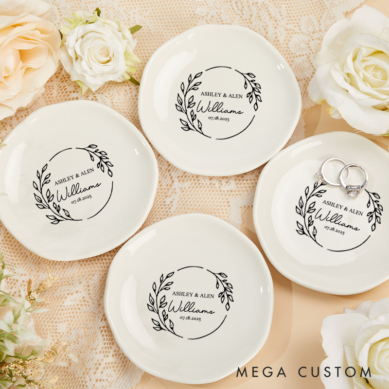 Personalized Elegant Circular Laurel Monogram Wedding Engagement Irregular Round Ring Dish