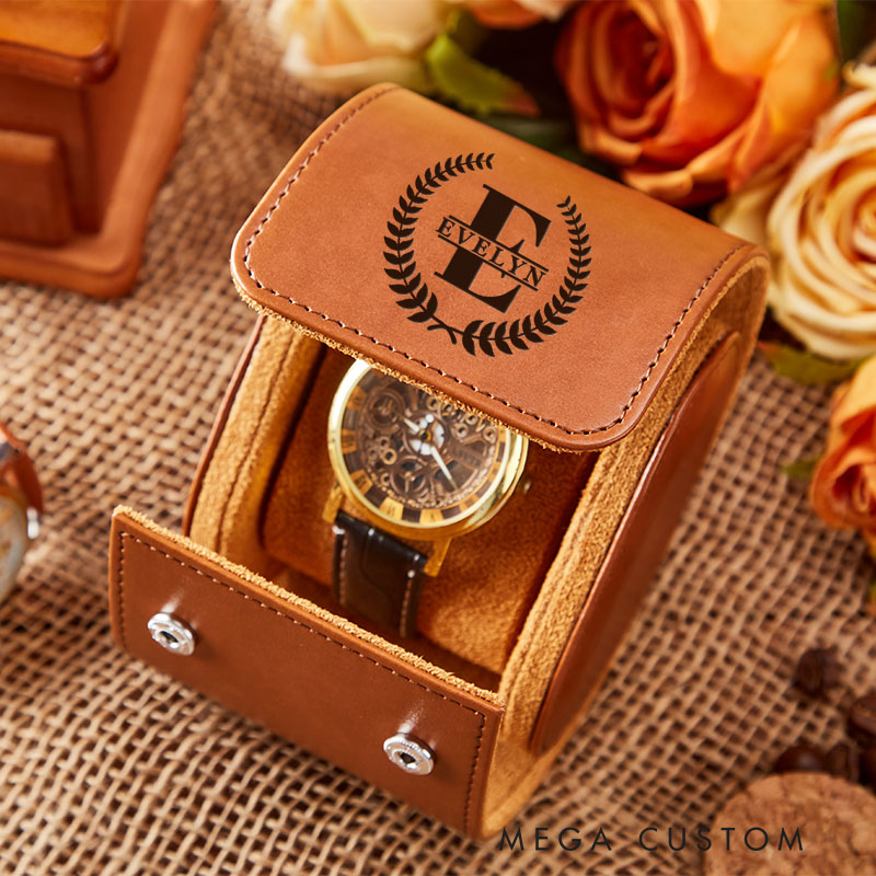 Personalized Laurel Branches with Initials Wedding Engagement Men Leather Watch Case