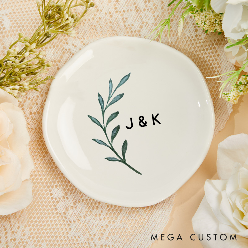 Personalized Watercolor Olive Branch with Initials Wedding Engagement Irregular Round Ring Dish