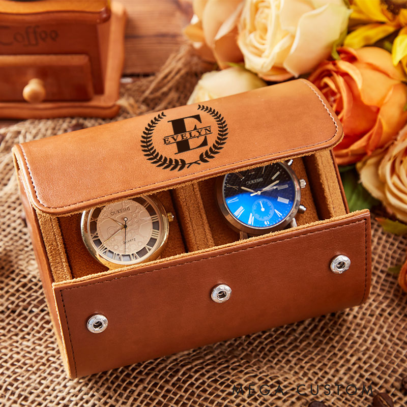 Personalized Laurel Branches with Initials Wedding Engagement Men Leather Watch Case
