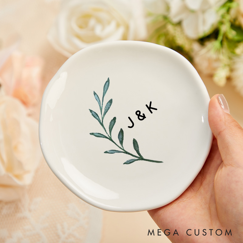 Personalized Watercolor Olive Branch with Initials Wedding Engagement Irregular Round Ring Dish