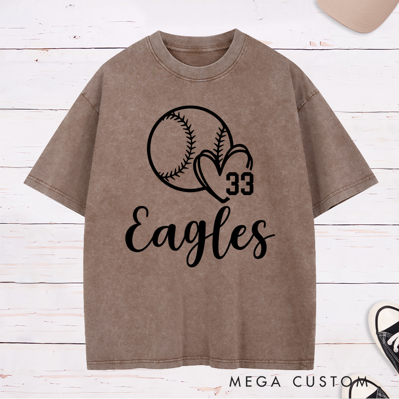 Personalized Softball Team Washed T-Shirt Design Featuring Customizable Team Name Heart and Player Number with Softball Graphic