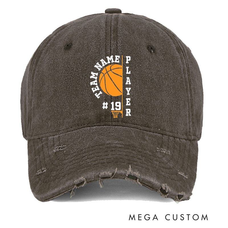 Personalized Distressed Denim Basketball Cap with Custom Team Name Player Title and Number Design