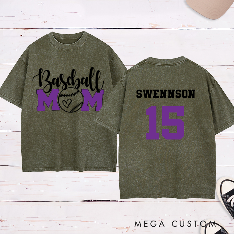 Personalized Baseball Mom Washed T-Shirt with Heart-Inspired Design and Custom Name and Number