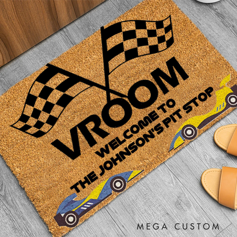 Personalized Doormat with Vroom Design for Racers and Racing Lovers