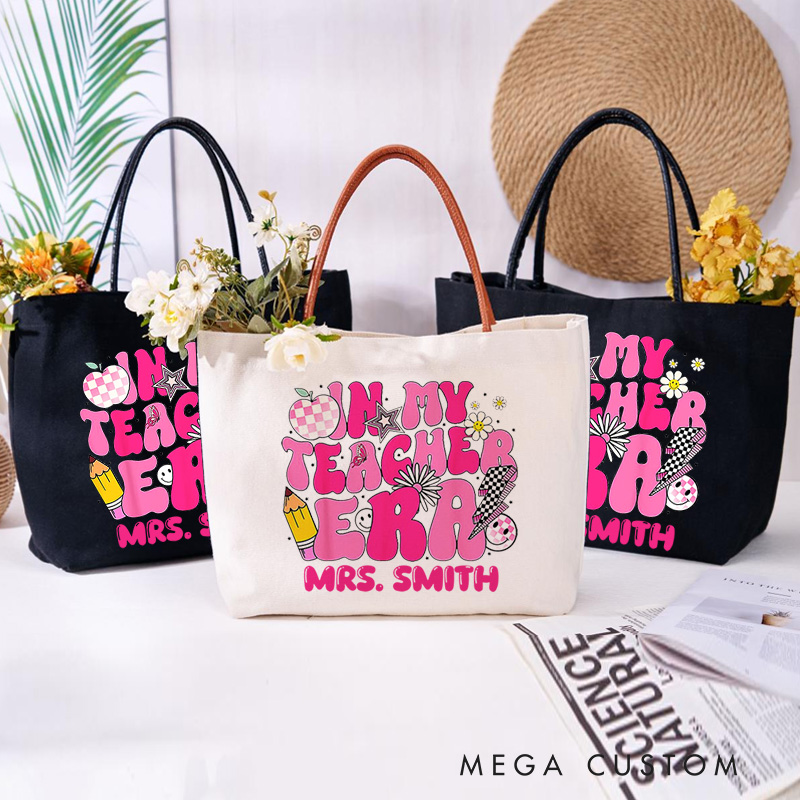 Personalized Teacher Canvas Tote Bag in My Teacher  Era Design Appreciation Gift for Teachers