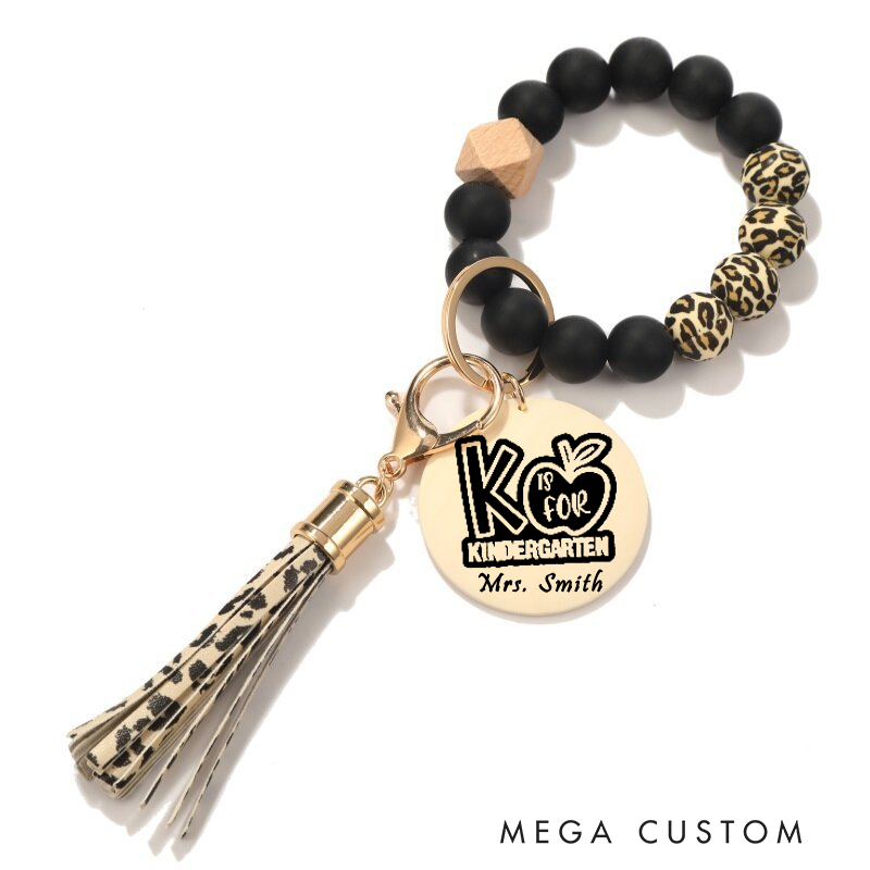 Personalized Teacher Keychain Kindergarten Design Silicone Beads Bracelet Keychain Wooden Engraved Wristlet Keychain Teacher Appreciation Gift