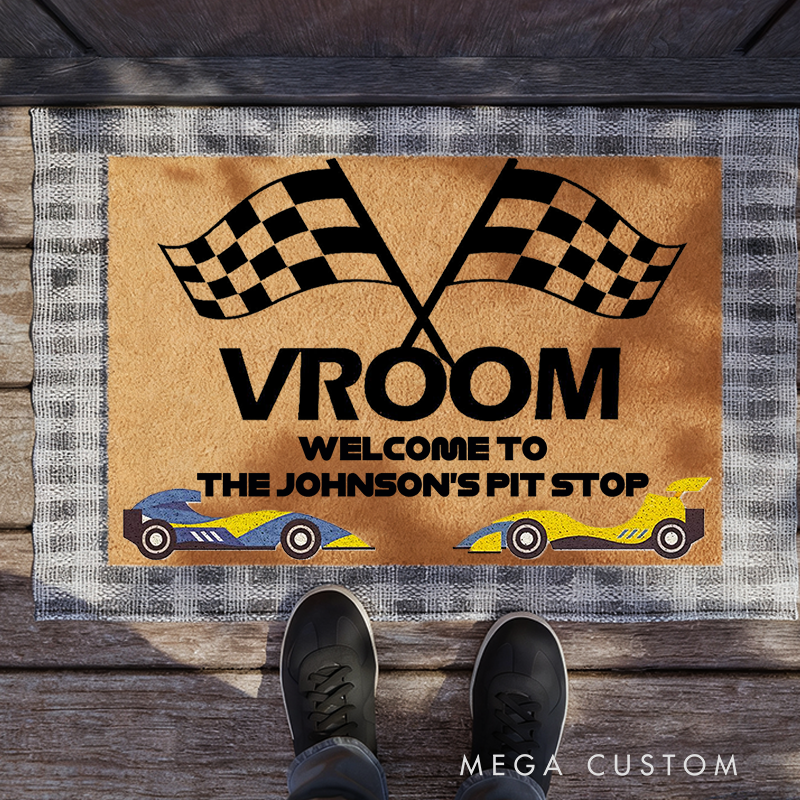 Personalized Doormat with Vroom Design for Racers and Racing Lovers