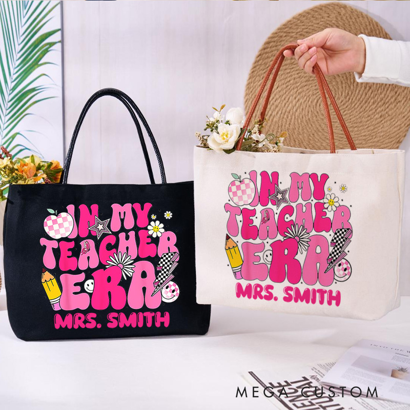 Personalized Teacher Canvas Tote Bag in My Teacher  Era Design Appreciation Gift for Teachers